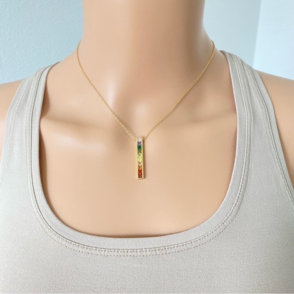 Rainbow Crystal bar Necklace fashion minimalist jewelry adjustable gold pendant - Picture 6 of 7